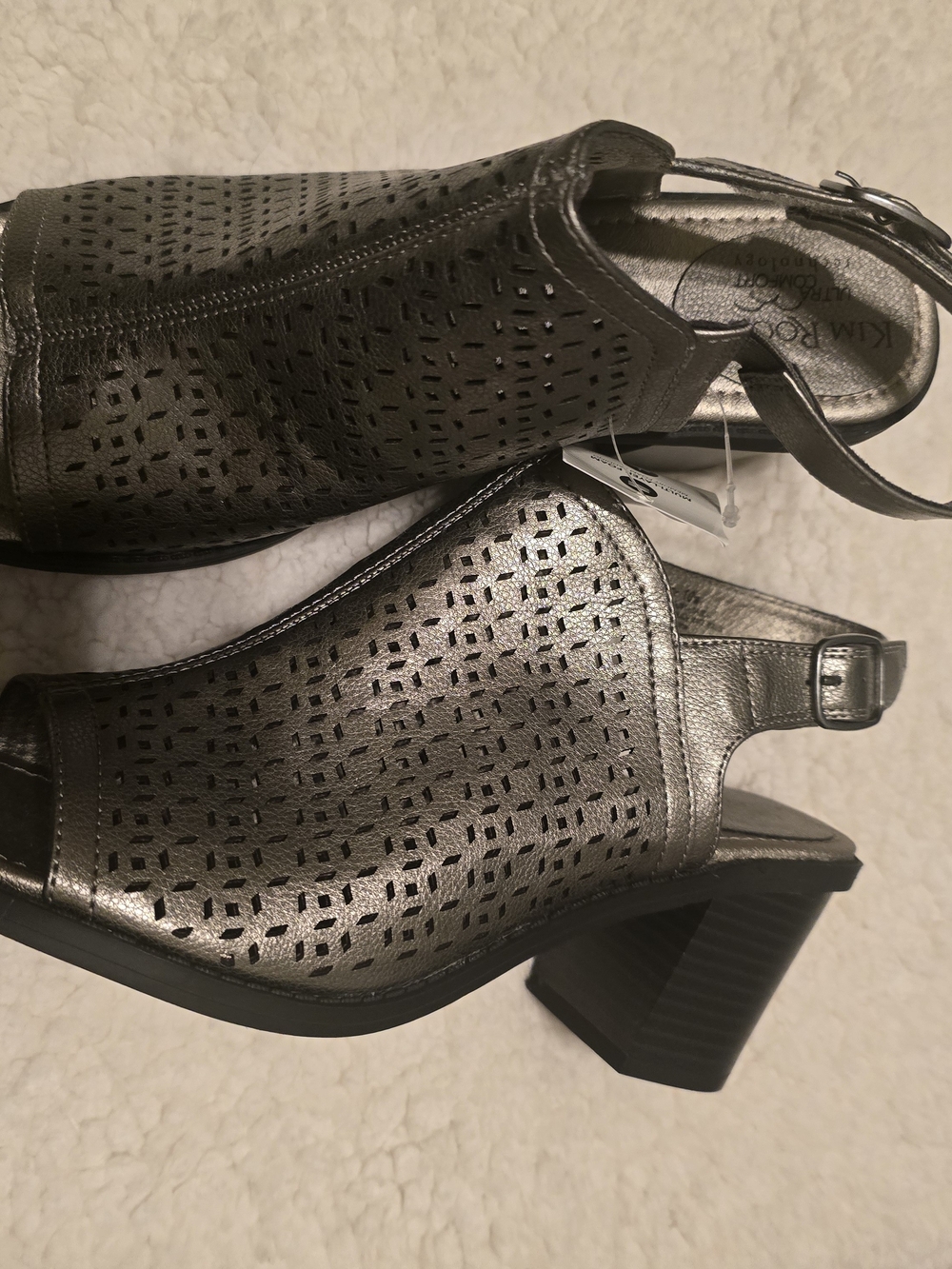 Kim Rogers Metallic Silver Perforated Slingback Block Heel "Zoe"